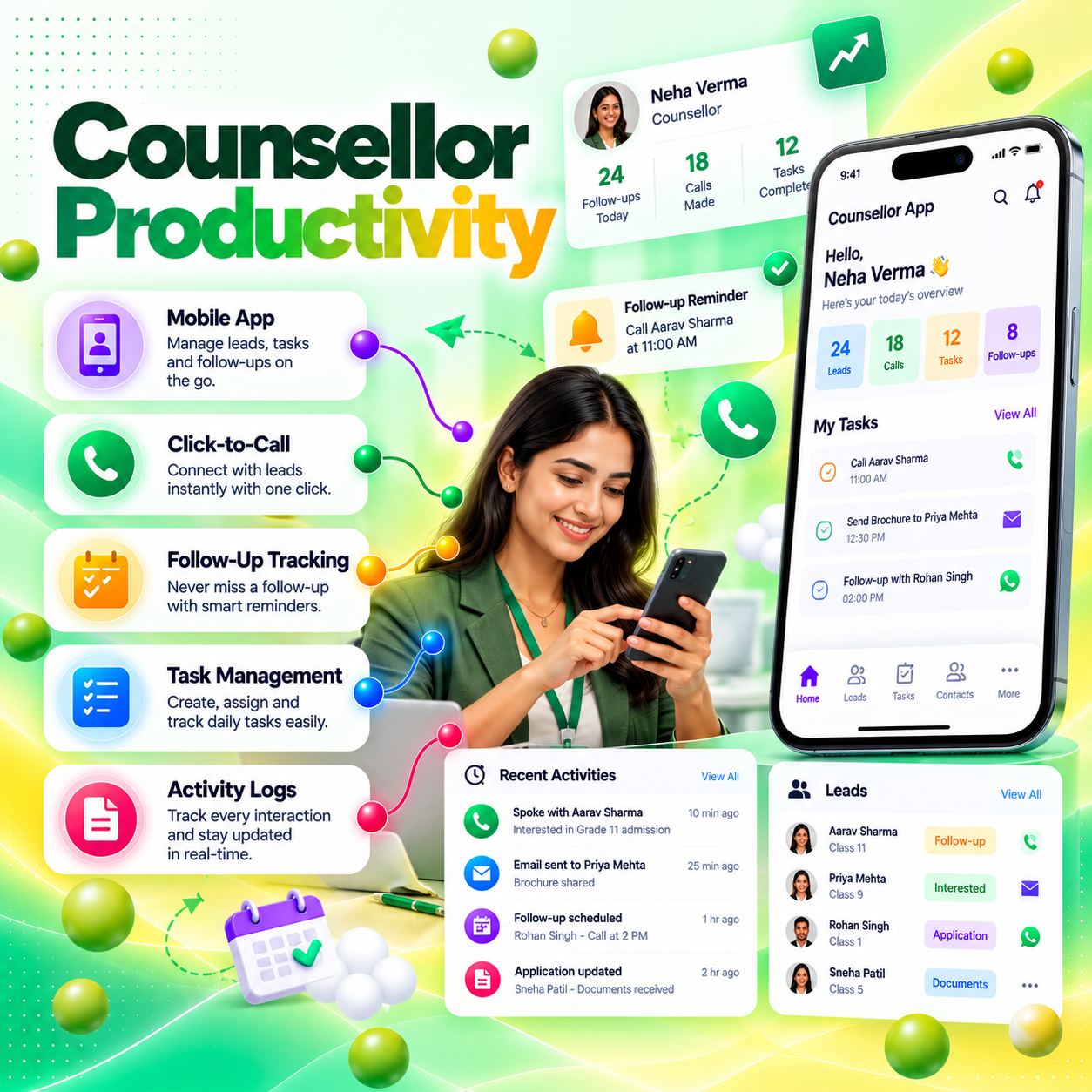 Counsellor Productivity: the NextOS Grow counsellor mobile app with click-to-call, follow-up reminders, task management and activity logs.