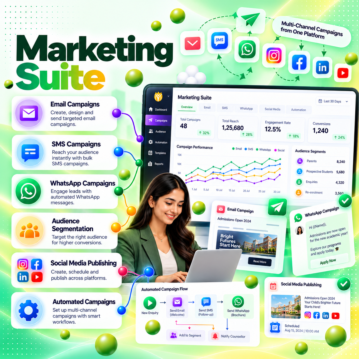 Marketing Suite: email, SMS and WhatsApp campaigns, audience segments, social media publishing and automated campaign flows in the NextOS Grow marketing dashboard.