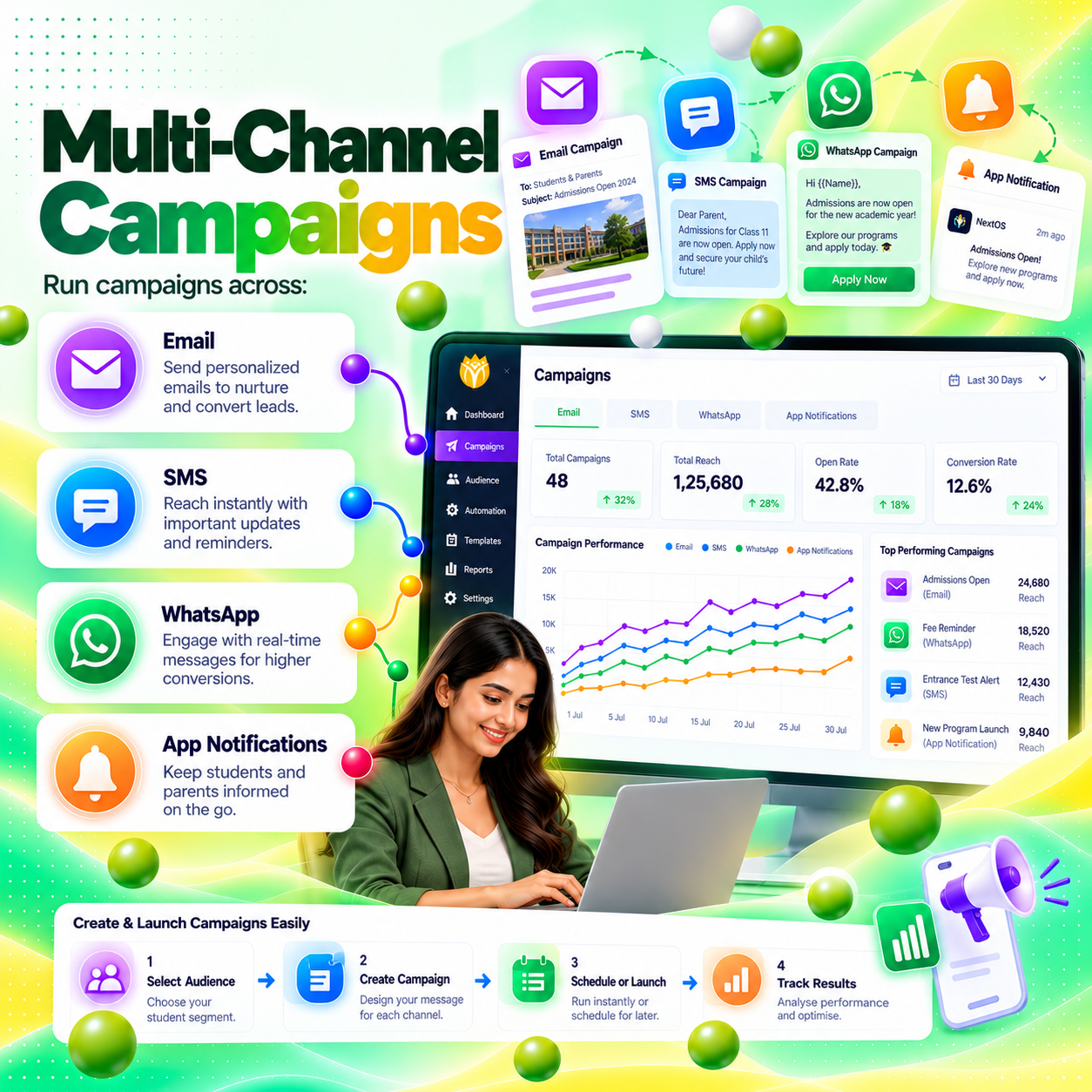 Multi-Channel Campaigns: email, SMS, WhatsApp and app notification campaigns, created and launched in four steps from the NextOS Grow campaigns dashboard.